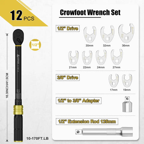 Heavy Duty Jumbo Crowfoot Wrench Set With One Half Inch Drive Click Torque Wrench Nine Piece Flare Nut Socket Kit Adapter And Extension Bar For Tight Engine Bays. Includes adapters and extension rod.