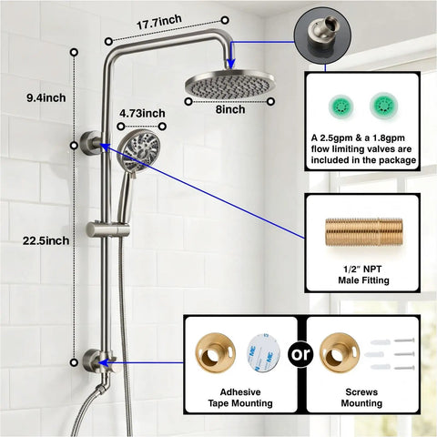 Diagram of Retrofit Rain Shower System With 8 Inch Rainfall Shower Head, 5-Setting Handheld Spray, Slide Bar, Wall Mount