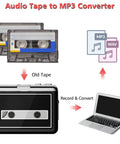 Diagram showing Portable Tape Player With Earphone Jack And MP3 Converter transferring audio from cassette to digital format on laptop.