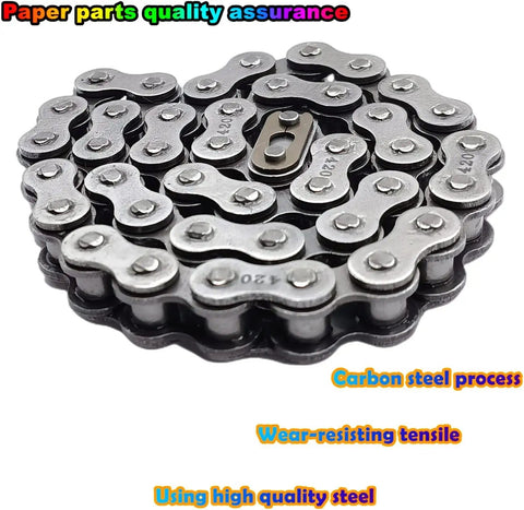 Front Jackshaft 42 Link 420 Chain for Mini Bikes, durable and reliable, showcasing metal links and connector for smooth operation.