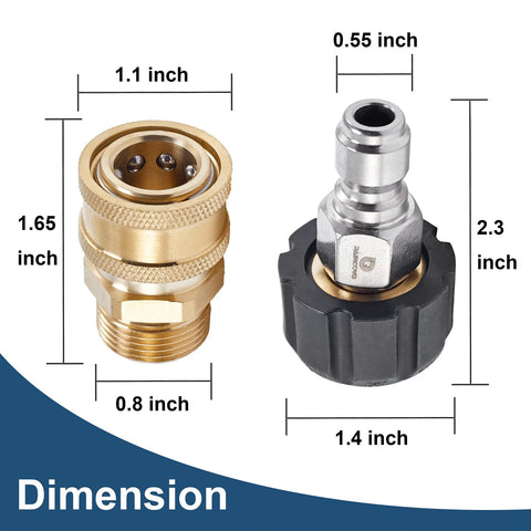 Front view of Raincovo quick-connect fittings; 4-piece brass-to-3/8in hose adapter set and metal quick-connect.