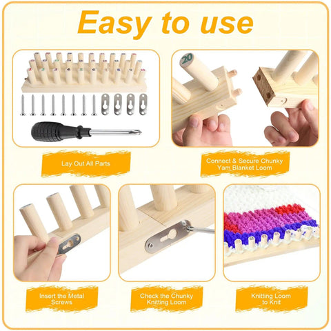 Steps to use 46 Inch Wooden Chunky Yarn Loom with numbered pegs, showing setup and knitting process for beginners and DIY enthusiasts.