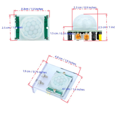5 Pack PIR Motion Sensor Kit Compatible With HC SR501 For Arduino Raspberry Pi STM32 shown with measurements and casing