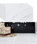 Peel And Stick 12x24 White Marble Vinyl Floor Tile For Bathrooms And Kitchens Waterproof Self Adhesive Removable Flooring 12 Pack Covers 24 Sq Ft Easy Install Garage Backsplash installed in a living room with an armchair and bookshelf.