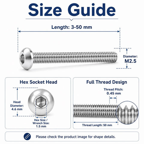 Size guide for M2.5 Hexagon Socket Screws 304 Stainless Steel Semi Circular Pan Head For Mechanical Furniture And Electronics Assembly 4mm