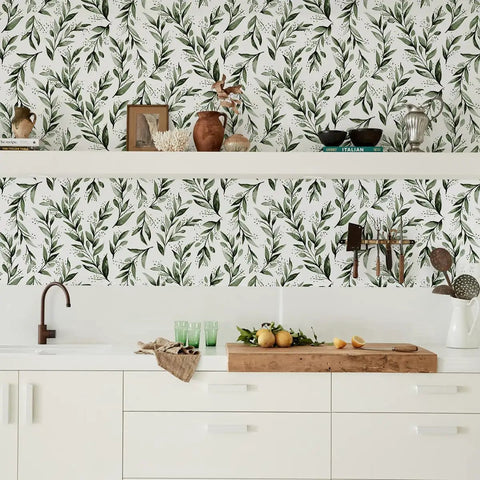 Kitchen with Green Leaf Peel And Stick Wallpaper Olive Leaf Contact Paper Easy Peel And Stick Self Adhesive Vinyl Roll 17.7 Inch By 118.1 Inch in modern farmhouse style