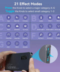 Image of RGB Video Light P96L Portable Metal LED Camera Light showing controls for 21 effects on OLED display with hand holding.