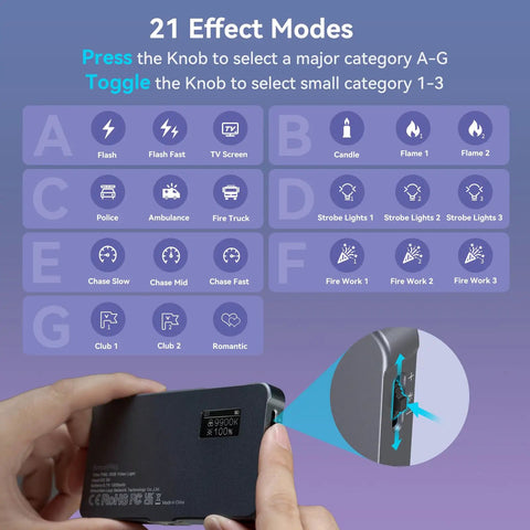 Image of RGB Video Light P96L Portable Metal LED Camera Light showing controls for 21 effects on OLED display with hand holding.