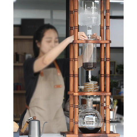 Heavy Duty 3 Liter Cold Brew Coffee Maker With Precision Stainless Drip Valve And Solid Wood Bracket Craft for slow steeped coffee brewing process.