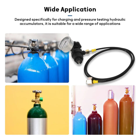Pro Grade Nitrogen Accumulator Charging Kit With Three Precision Gauges 1500 To 6000 PSI Six Universal Adapters Including M28x1.5 And UNF 5/8 And 1/2 Heavy Duty Hydraulic Tool Set For Pressure Testing