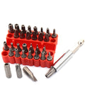 33 Piece Tamper Proof Screwdriver Bit Set With One Quarter Inch Shank Includes Torx T8 T10 T15 T20 T25 T27 T30 T35 T40 Y Type No 1 2 3 4 U Type CrV And Metric Inch Hex Bits Comes With Handy Bit Holder For Quick Access displayed with red organizer