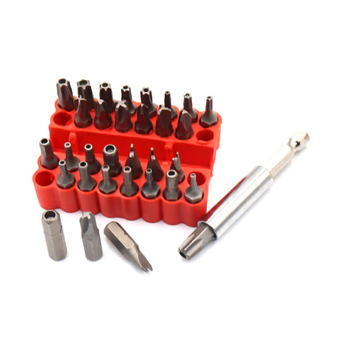 33 Piece Tamper Proof Screwdriver Bit Set With One Quarter Inch Shank Includes Torx T8 T10 T15 T20 T25 T27 T30 T35 T40 Y Type No 1 2 3 4 U Type CrV And Metric Inch Hex Bits Comes With Handy Bit Holder For Quick Access displayed with red organizer