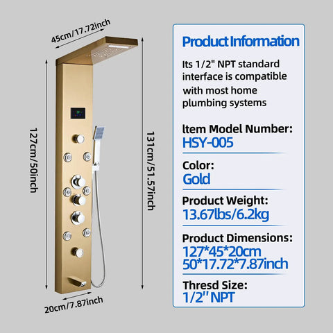 Heavy Duty Led Five In One Shower Panel Tower System With Brushed Gold Finish And Rock Solid 304 Stainless Steel Frame For Quick Hookup And Daily Showers