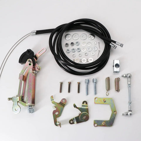 Twin Cable Throttle Linkage Kit For Side Draft DCOE 40mm 45mm Carburetors Mounting Hardware Upgrade To Boost Throttle Response And Keep Your Engine Running Smooth As Butter And Stable. twin cable kit with black cables, linkage brackets, springs, bolts, and washers