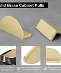 Solid Brass Cabinet Pulls 5 Pack Gold Half Moon Drawer Handles in Brushed Brass Finish, Front and Side Views, Durable Cupboard Hardware