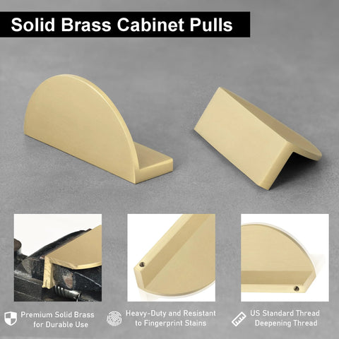 Solid Brass Cabinet Pulls 5 Pack Gold Half Moon Drawer Handles in Brushed Brass Finish, Front and Side Views, Durable Cupboard Hardware