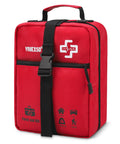 Red nylon first aid kit bag, 400-piece large kit with black strap and carry handle, front view.