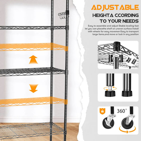 Beefy 5 Tier Heavy Duty Metal Rolling Shelving Unit With Wheels And 8 Hooks 1750 Lbs Total Capacity Adjustable Garage Wire Racks Ideal For Kitchen Bathroom Pantry Or Industrial Storage 36 W x 14 D x 72 H Black, adjustable shelves and locking wheels