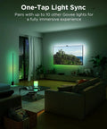 TV Backlight 3 Pro With HDR Triple Camera, Syncs To 75 85 Inch Screens, Ultra Clear HDR Image Capture For Brighter Highlights And Deeper Shadows, High Precision Triple Camera System, Perfect For An Immersive Movie Night And Gaming Setup. Green-lit living room with TV backlight and synced floor lamp.
