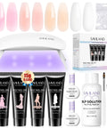 Hema-Free Poly Gel Nail Kit With 4 Colors Natural Clear Polygel For Nails, Mini UV LED Lamp, Slip Solution, and tools shown
