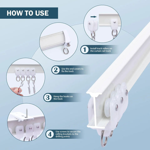 Heavy Duty Aluminum Ceiling Curtain Track System With Flexible Bendable Rails For Ceiling Mount Silent Glide Sliding Room Divider Rail With Hooks 9ft White showing installation steps
