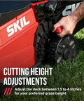 Cutting height adjustments on Top Shelf 40V Brushless Self Propelled Lawn Mower With 20 Inch Cutting Deck And Smart Caddy Storage.