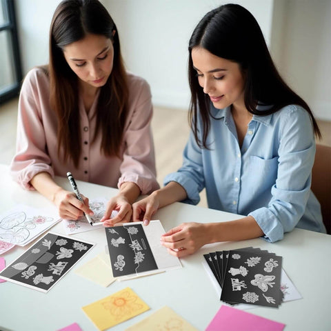 Two women using 40-Piece Magnetic Sheets For Dies Storage With Rubber Magnet Sheets for die cutting and DIY scrapbooking at a table.