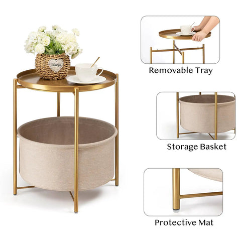 Round End Table With Removable Fabric Storage Basket And Tray Top, Gold Metal Nightstand For Living Room Or Bedroom with items on tray.