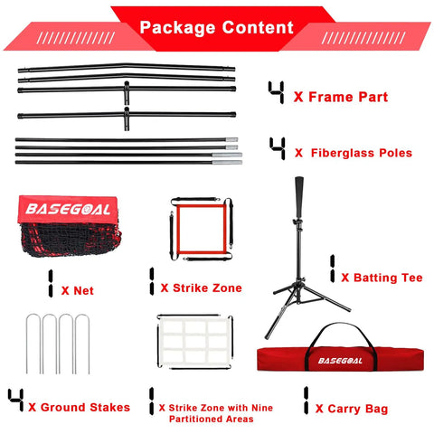 7x7 Baseball Softball Practice Net With Batting Tee And Bow Frame Backstop Portable Hitting And Pitching Net Kit contents