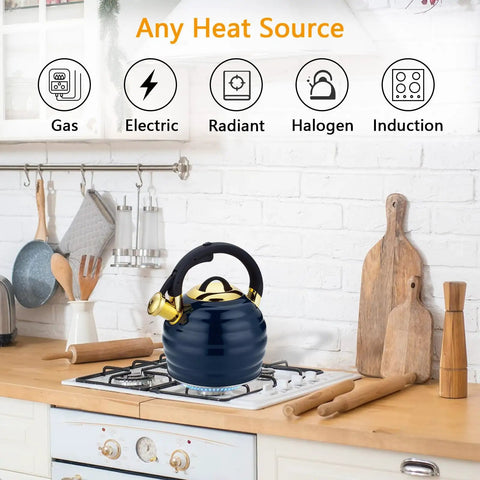 Stovetop Whistling Tea Kettle 3.2 Quart Stainless Steel Teakettle on gas stove in kitchen, showing versatility with any heat source.