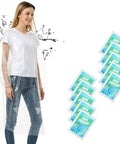 Adult wearing Grab And Go Clear Disposable Rain Poncho with Hood; 10 Pack Family Emergency Ponchos shown in packaging.