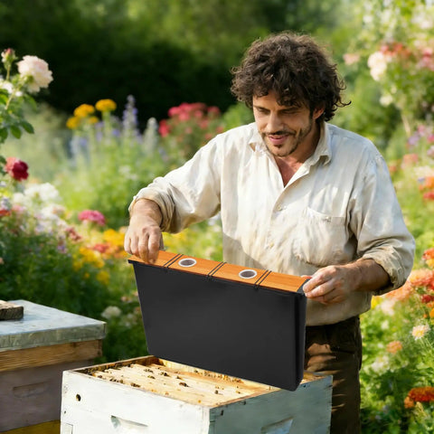 Man using Two Pack Six Point Five L Beehive Feeder With Beeswax Treated Wood Frames in garden