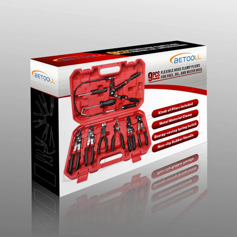 Box of 9 Piece Hose Clamp Pliers Set With Long Reach Clic R Swivel Jaw And Flat Band Pliers For Coolant Radiator Heater Water Hose Replacement