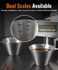 Two Piece Stainless Steel Espresso Cups With Handles And A Pro Pour Double Spout Measuring Cup With Dual Scale V Shaped Mouth