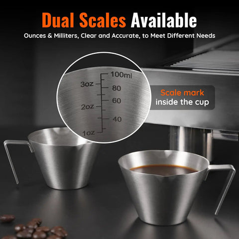 Two Piece Stainless Steel Espresso Cups With Handles And A Pro Pour Double Spout Measuring Cup With Dual Scale V Shaped Mouth