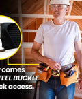 Carpenter wearing 11 Pocket Suede Leather Heavy Duty Tool Belt Built Tough For Pros with steel buckle and hammer loops in workshop