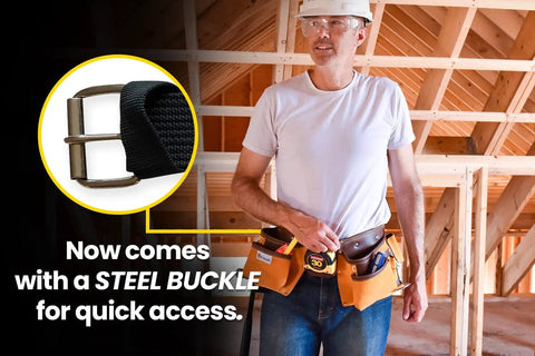 Carpenter wearing 11 Pocket Suede Leather Heavy Duty Tool Belt Built Tough For Pros with steel buckle and hammer loops in workshop