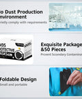 KN95 Face Masks 50 Pack Breathable Comfort Disposable Respirator Masks For Daily Use Black High Filtration Efficiency Over 95 Percent Lightweight Yet Protective Great For Work Travel And Everyday Safety On The Go packaging image showing box, cleanroom, and mask design.