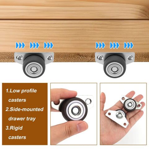 Set Of 4 Low Profile Side Mount Casters With Quiet Rubber Wheels That Roll Smooth And Silent So Shifting Heavy Furniture Or Appliances Across Your Floors Is A Total Breeze To Handle, showing side-mounted low profile casters.