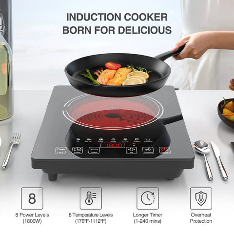 Portable 1800W Electric Cooktop With LED Touch Screen Single Burner Stove cooking salmon in kitchen