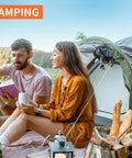 Couple near a tent with camping gear, ideal for using Beefy Heavy Duty Locking Carabiner Clips 12kN Aluminum 7075 Lightweight