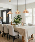 Dining room with Three Light Globe Pendant Ceiling Fixture In Brushed Brass With White Glass Globes Modern Mid Century Chandelier