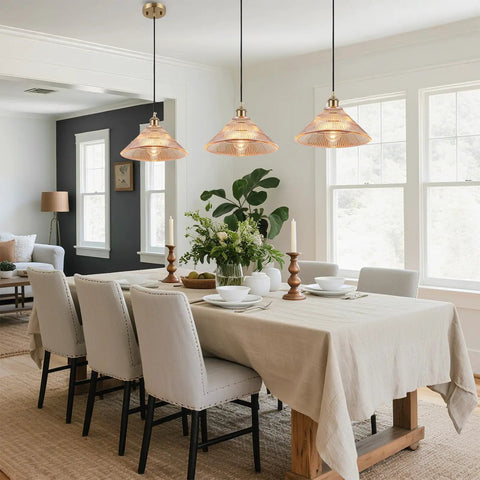 Dining room with Three Light Globe Pendant Ceiling Fixture In Brushed Brass With White Glass Globes Modern Mid Century Chandelier