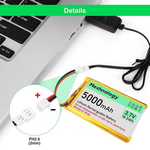 High Capacity 3.7V 5000mAh LiPo Battery With USB Charger Cable 1S Protection Board Insulated Rubber Tape And PH2.0 Plug For Arduino ESP32 Drones RC Cars And Other Development Boards connected to laptop