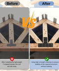Before and after comparison of 4Pc Heavy Duty T Shape Metal Mending Plates With 56 Screws And Socket Flat T Beam Brackets for wood repair.