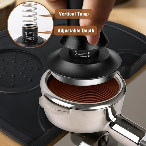 Badass Six Piece Espresso Tamper Kit With Adjustable Calibrated Head Precision Distributor And Wdt Tool Straight Fire Barista Essentials for pulling clean daily coffee shots, showing adjustable tamp with measuring dial.