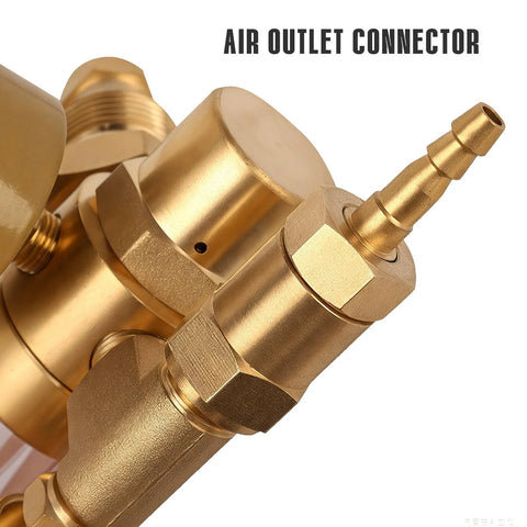 Brass welding gas regulator close-up with threaded fittings for Argon/CO2 welding