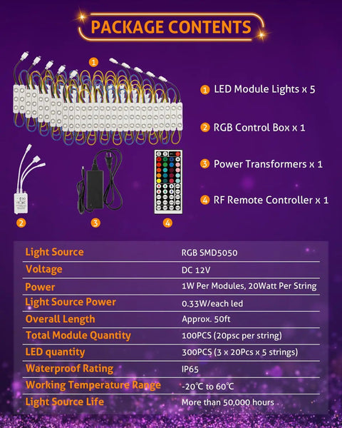 Package contents of 50 Foot LED Light Modules For Storefronts And Signs 100 Pack 0.92W Three LED SMD RGB Waterproof Adhesive Modules