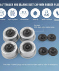 Four Pack 2.46 Inch Trailer Hub Bearing Dust Caps With Extra Rubber Plugs For Most 5200 To 6000 Pound Axles Dexter Axle Cup Grease Covers Heavy Duty Zinc Plated Carbon Steel Durable And Rust Resistant shown with rubber plugs and features.