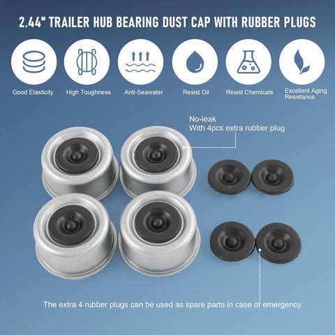 Four Pack 2.46 Inch Trailer Hub Bearing Dust Caps With Extra Rubber Plugs For Most 5200 To 6000 Pound Axles Dexter Axle Cup Grease Covers Heavy Duty Zinc Plated Carbon Steel Durable And Rust Resistant shown with rubber plugs and features.